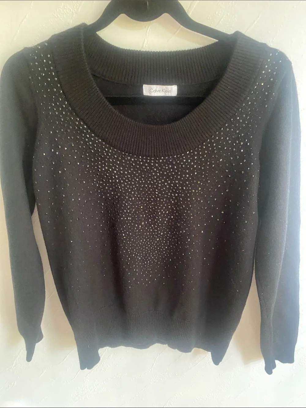 Calvin Klein Black Scoop Neck Sweater with Rhinestone Detail